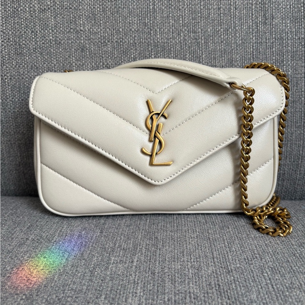 Saint Laurent Cream Quilted Leather Envelope Crossbody with Gold YSL - Picture 2 of 10